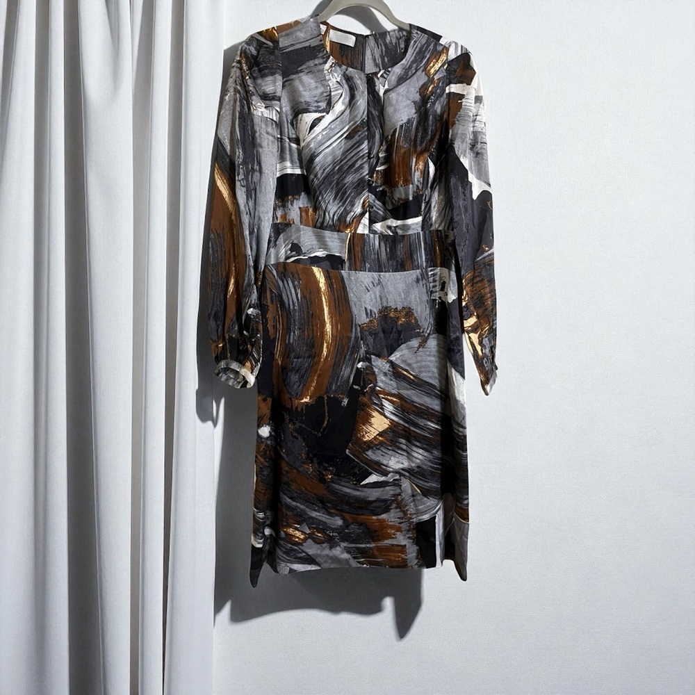 Carlisle Expressionist Bronze Silver Abstract Silk Cocktail Knee Midi Dress Sz 8